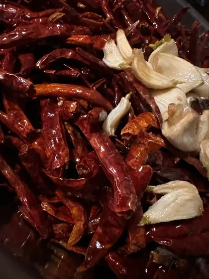 Dried chiles and garlic, the core ingredients