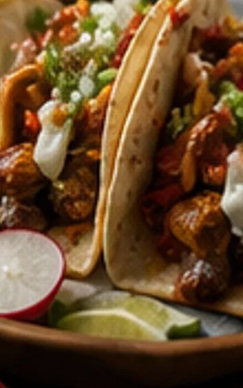 Tacos topped with chili sauce